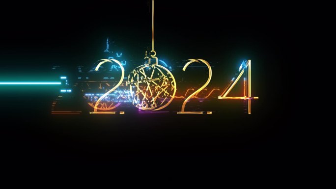 2024新年快乐金色闪耀闪闪发光的文字故障网络朋克效果与雪球动画在黑色背景。隔离与alpha通道快速