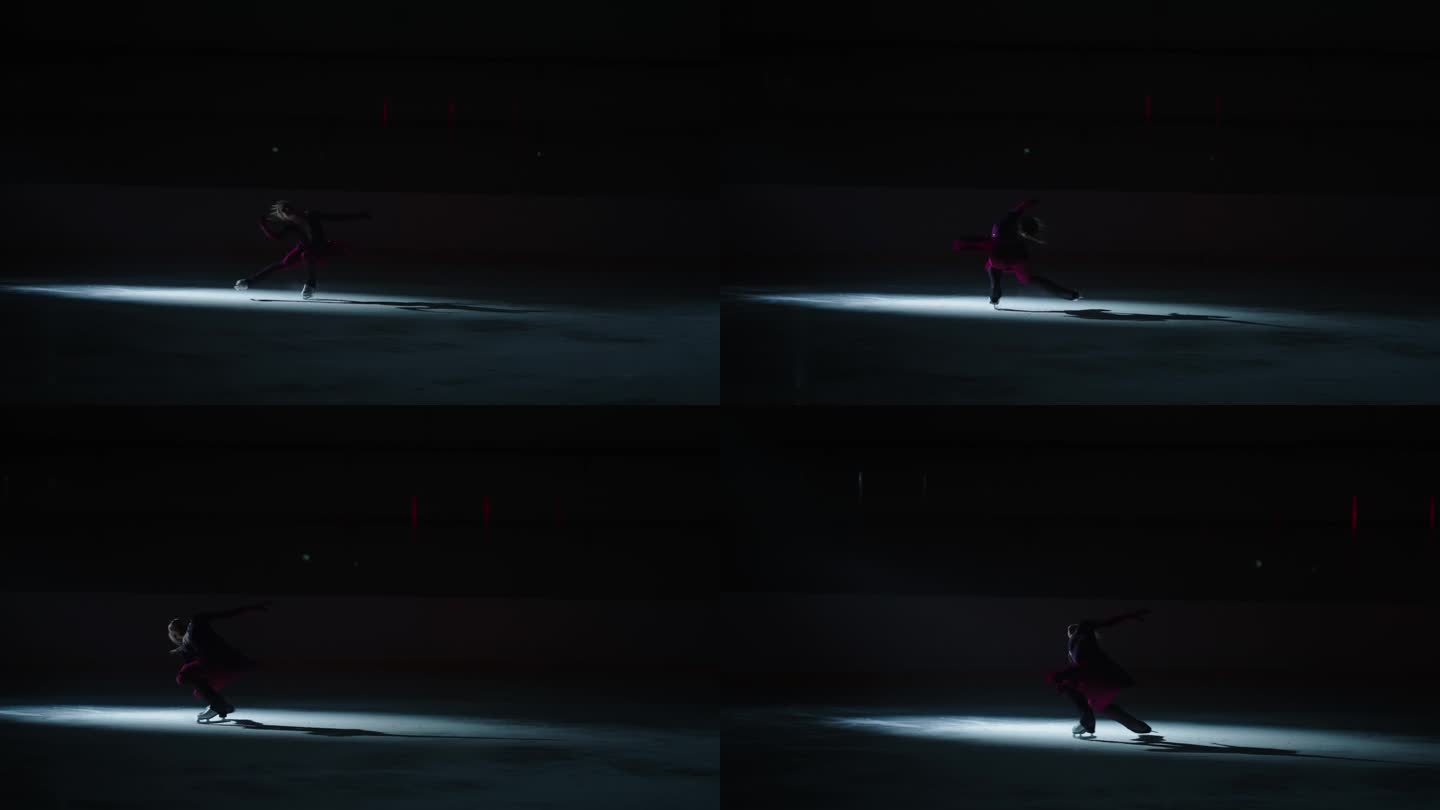 惊人的艺术冰上表演，电影拍摄与专业女花样滑冰运动员在黑暗中