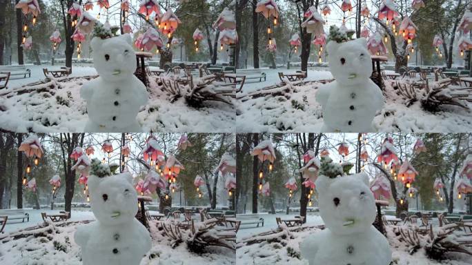 近距离拍摄公园里的雪人，冬天下着大雪