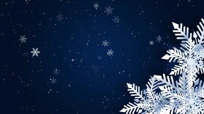 白色圣诞剪纸3d雪花与阴影在深蓝色的背景。新年和圣诞节的设计元素。循环动画。