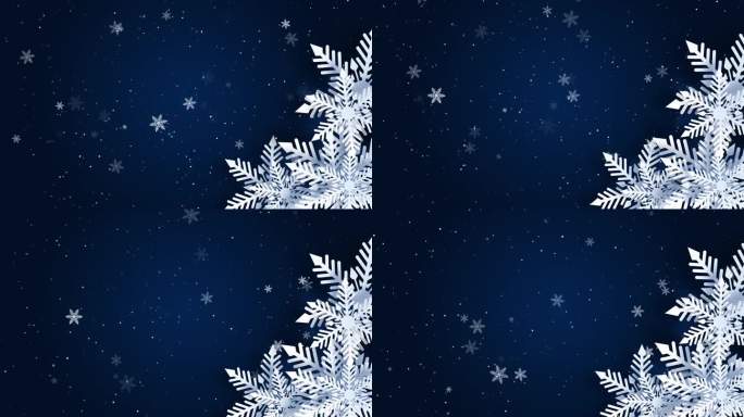 白色圣诞剪纸3d雪花与阴影在深蓝色的背景。新年和圣诞节的设计元素。循环动画。