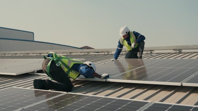 不同的工程师合作，光伏太阳能电池板的有效运行检查。