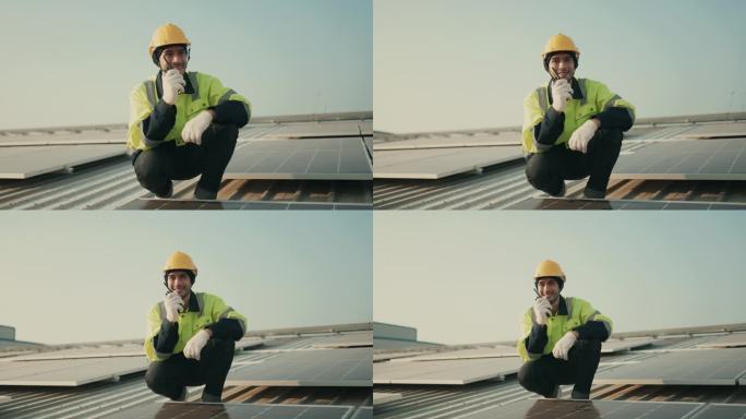 穿着制服的技术工人在可再生能源环境中检查太阳能电池板的峰值性能。