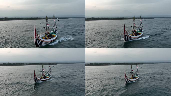 原创 印尼巴厘岛海上航行的渔船航拍风光