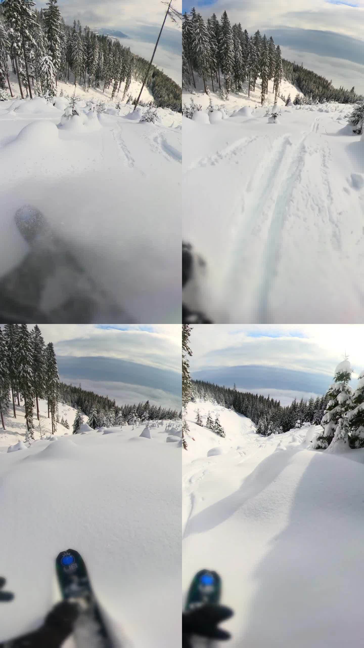 滑雪者在山上的POV镜头。一名男子在雪景上练习滑雪特技。他正在享受假期。