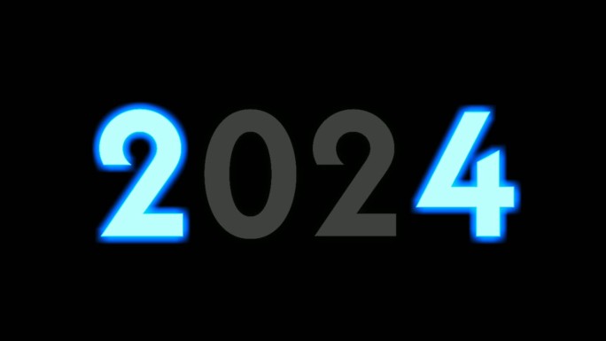 霓虹蓝数字2024动画运动图形黑色背景。发光发亮为新年现代理念