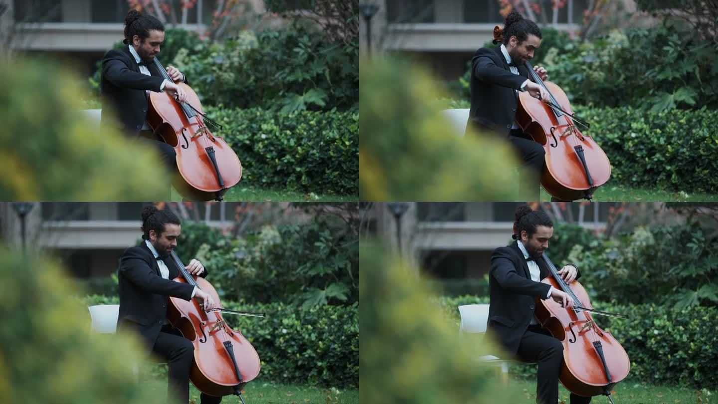 外国男子在住宅小区拉大提琴