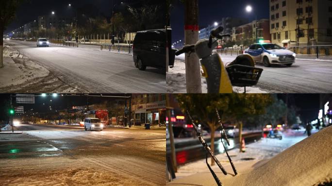 下雪城市道路夜景雪夜车流行人汽车路灯