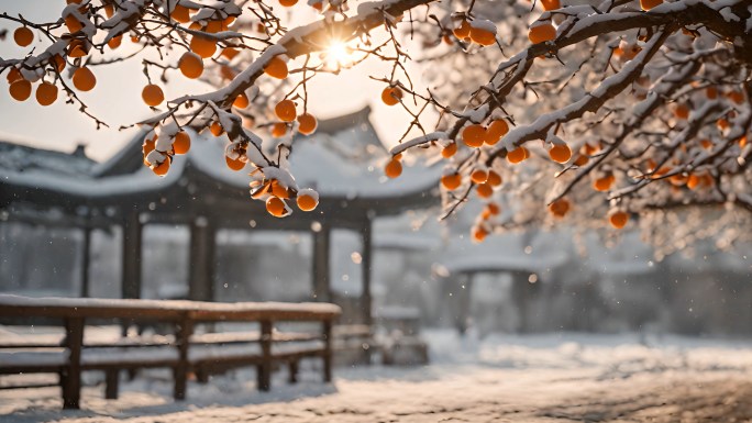 中式庭院雪花飘落唯美的下雪场景