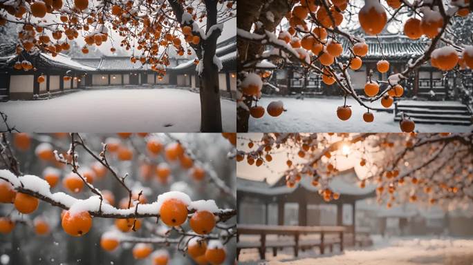 中式庭院雪花飘落唯美的下雪场景