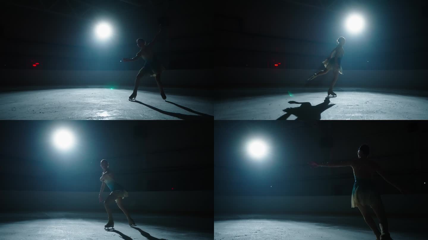 在黑暗的溜冰场上独自滑冰的优雅女子剪影，艺术和运动的展示
