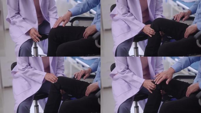 资深亚洲女医生理疗师在医院骨科治疗检查老年患者的膝关节损伤疼痛问题或脊椎整腿调整，保健和医疗理念。