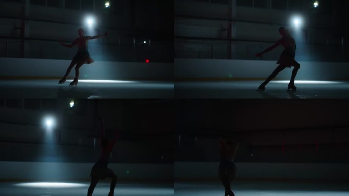 专业花样滑冰女子在黑暗中的冰上优雅的轮廓，浪漫的舞蹈表演