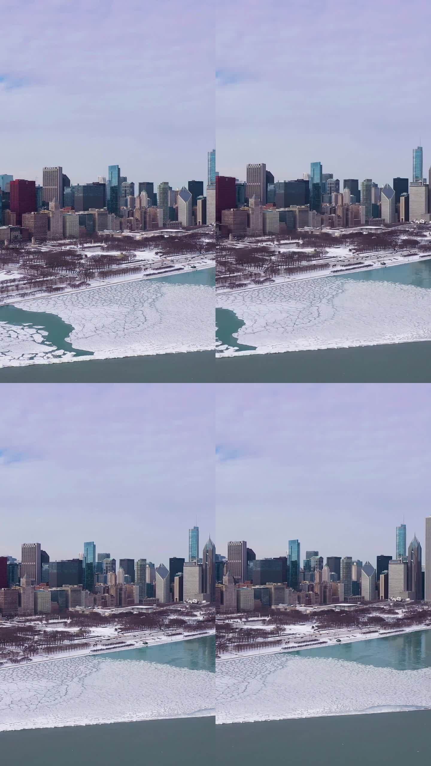 芝加哥和密歇根湖的城市天际线在冬天的霜冻日。鸟瞰图。美国。垂直视频