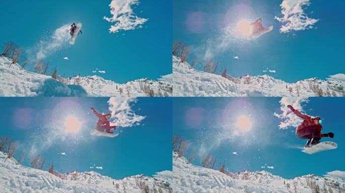 SLO MO -时间扭曲效果/速度斜坡的滑雪板练习特技在阳光明媚的日子。一个人在度假时享受着单板滑雪