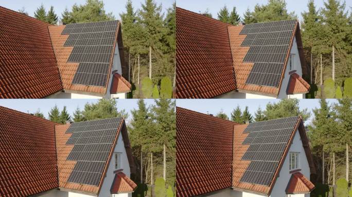 私人住宅屋顶上的太阳能电池供电系统。