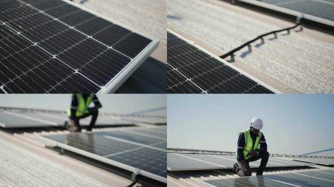 非洲维修工人确保可再生能源的效率:光伏太阳能电池板检查。