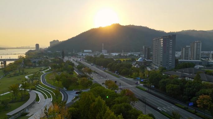 航拍杭州市富阳区东洲街道美景