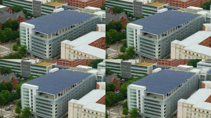 停车场上方的光伏太阳能板可产生可再生能源。可持续电力生产融入城市基础设施