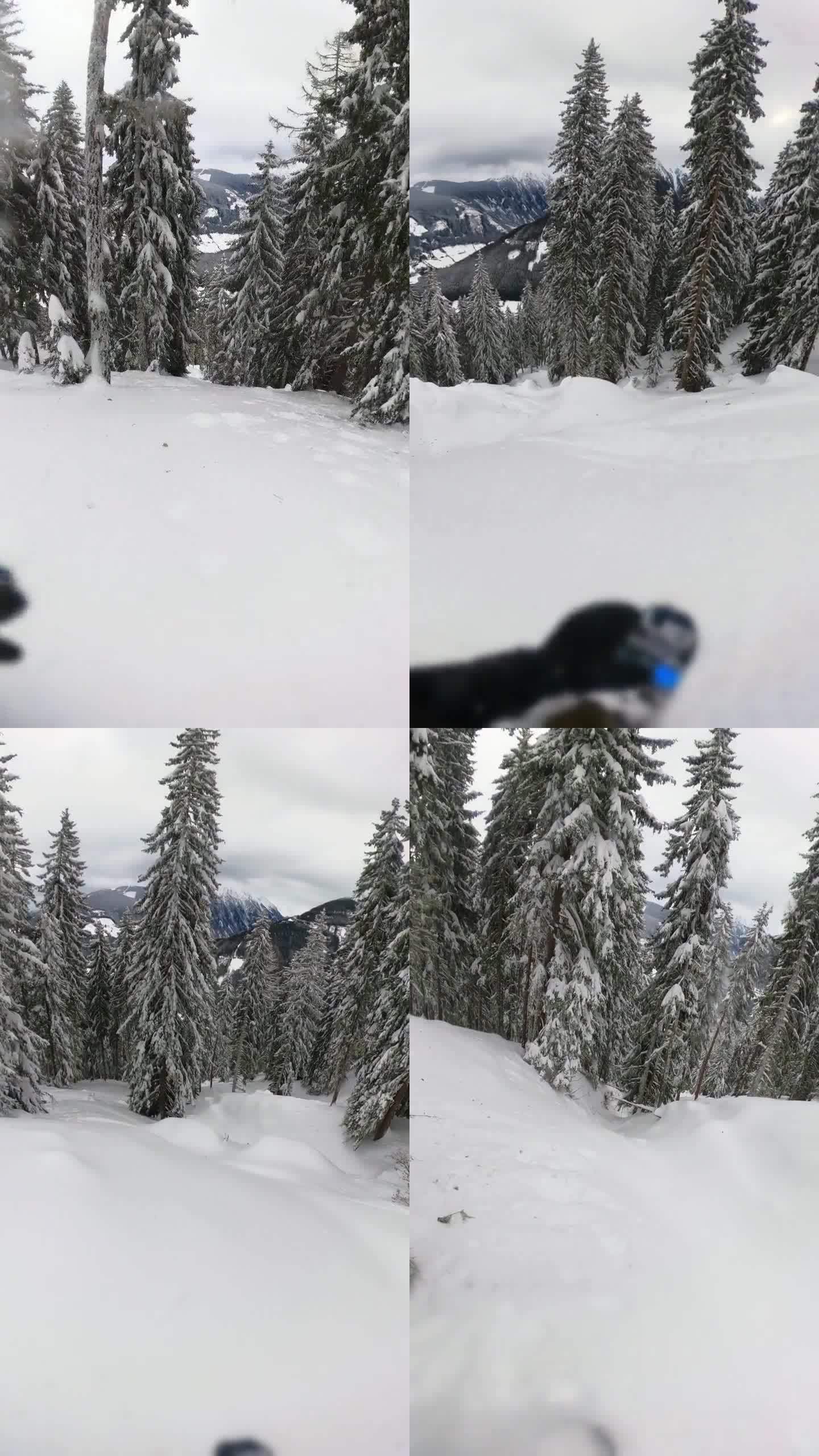 滑雪者在山上的POV镜头。男在树林里滑雪。他在探索大自然。