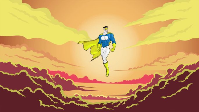循环卡通蒙面超级英雄漂浮在云层之上飞行股票动画视频