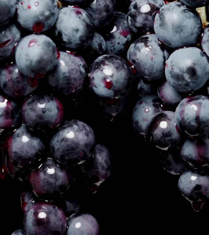 垂直视频。两串葡萄，蓝圆的浆果，黑色的背景，红色的果汁或葡萄酒倒在他们身上，慢动作。孤立。