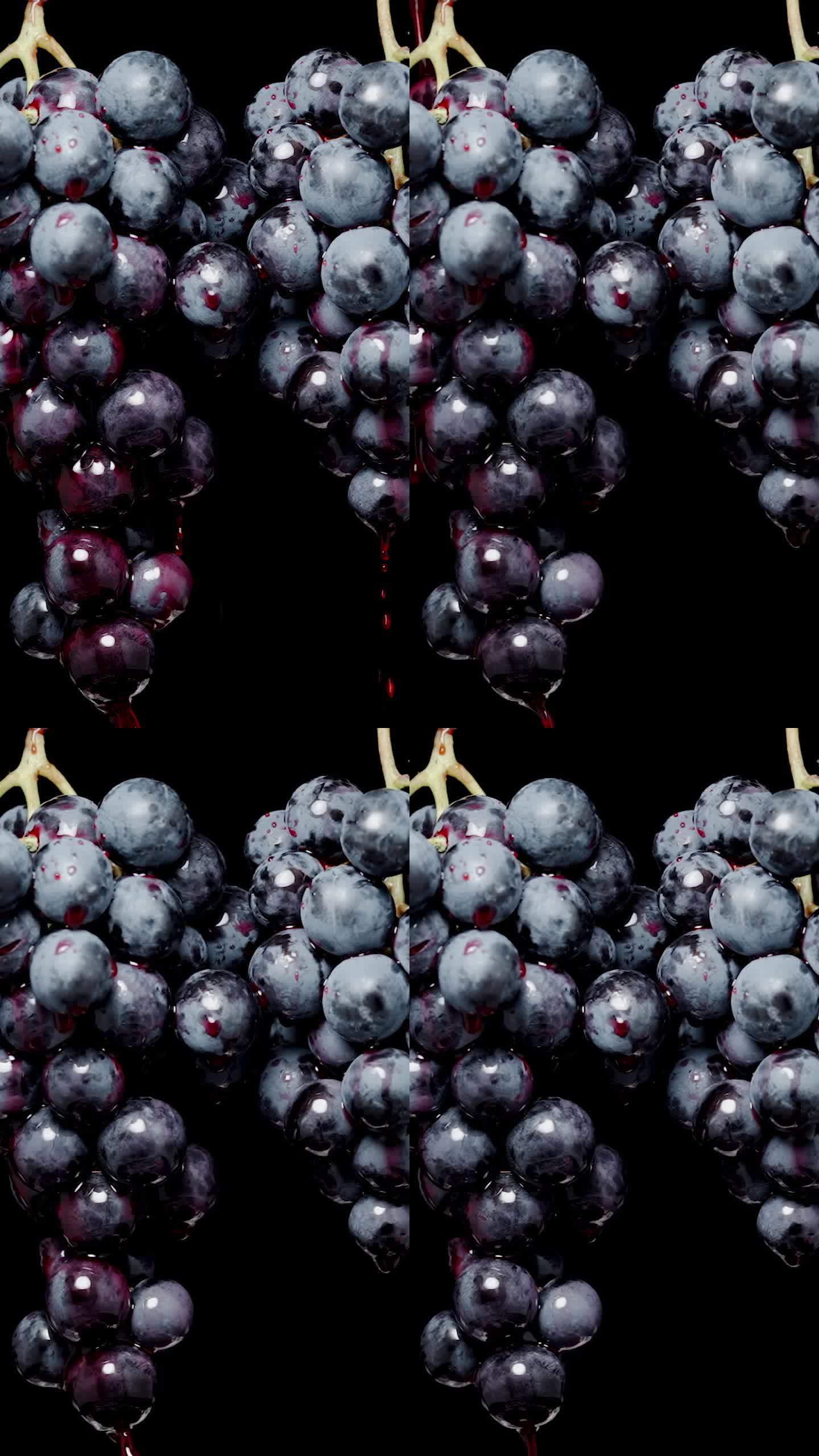垂直视频。两串葡萄，蓝圆的浆果，黑色的背景，红色的果汁或葡萄酒倒在他们身上，慢动作。孤立。