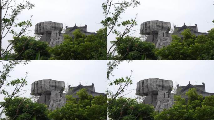 4K实拍广州新文化馆仿古建筑屋顶假山石头