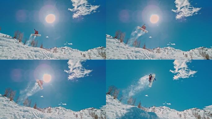 滑雪者享受假期的慢镜头。男在雪山上玩滑雪板。他在练习特技。