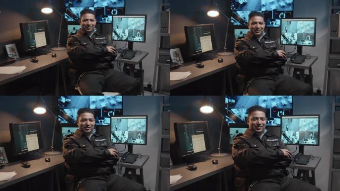 微笑的保安坐在监控室与闭路电视录像的肖像