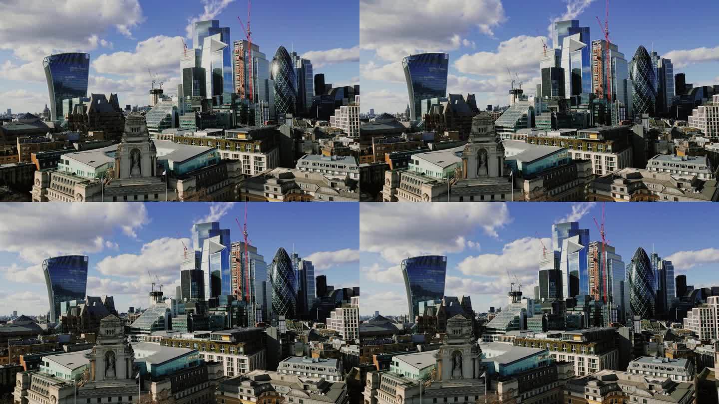 无人机视角下的建筑物在阳光明媚的伦敦天际线