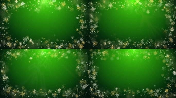 金色雪花边框绿色冬季动画背景。圣诞装饰循环屏幕保护程序。副本的空间。