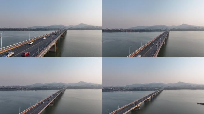 航拍襄阳汉江长虹大桥城市建筑交通风光