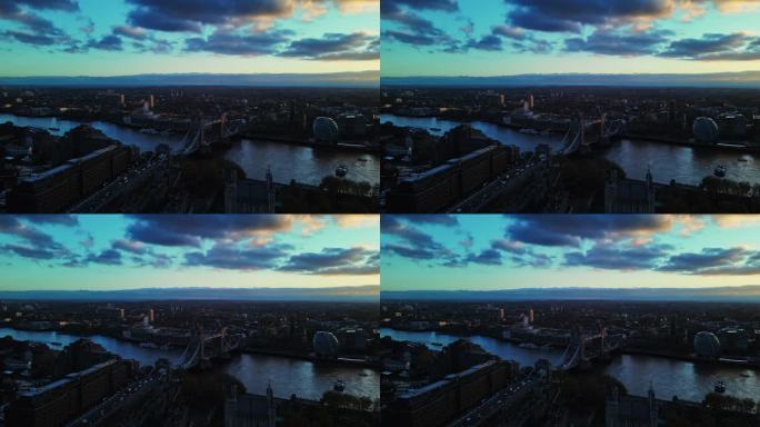 黎明时分的塔桥和伦敦城市景观