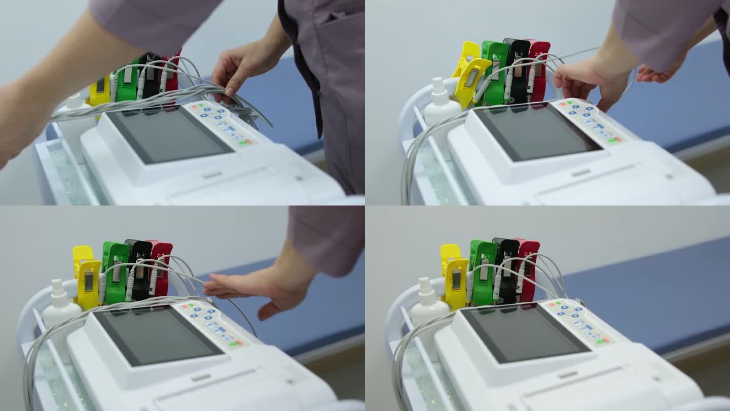 心脏病专家给病人做心电图。在现代化的诊所里，一位专业医生的双手拿着病人的心电图，为他做进一步的检查。