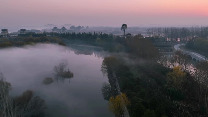 航拍晨雾中的陕西省西安市浐灞湿地-6