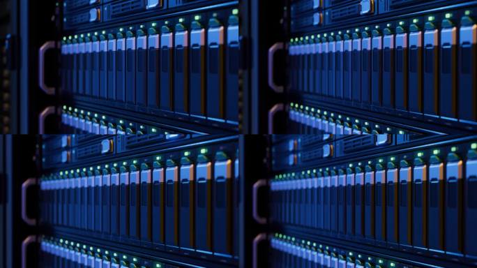 现代数据中心中带闪烁灯的SSD服务器机架特写先进的云计算和机器学习概念。深蓝色环境。