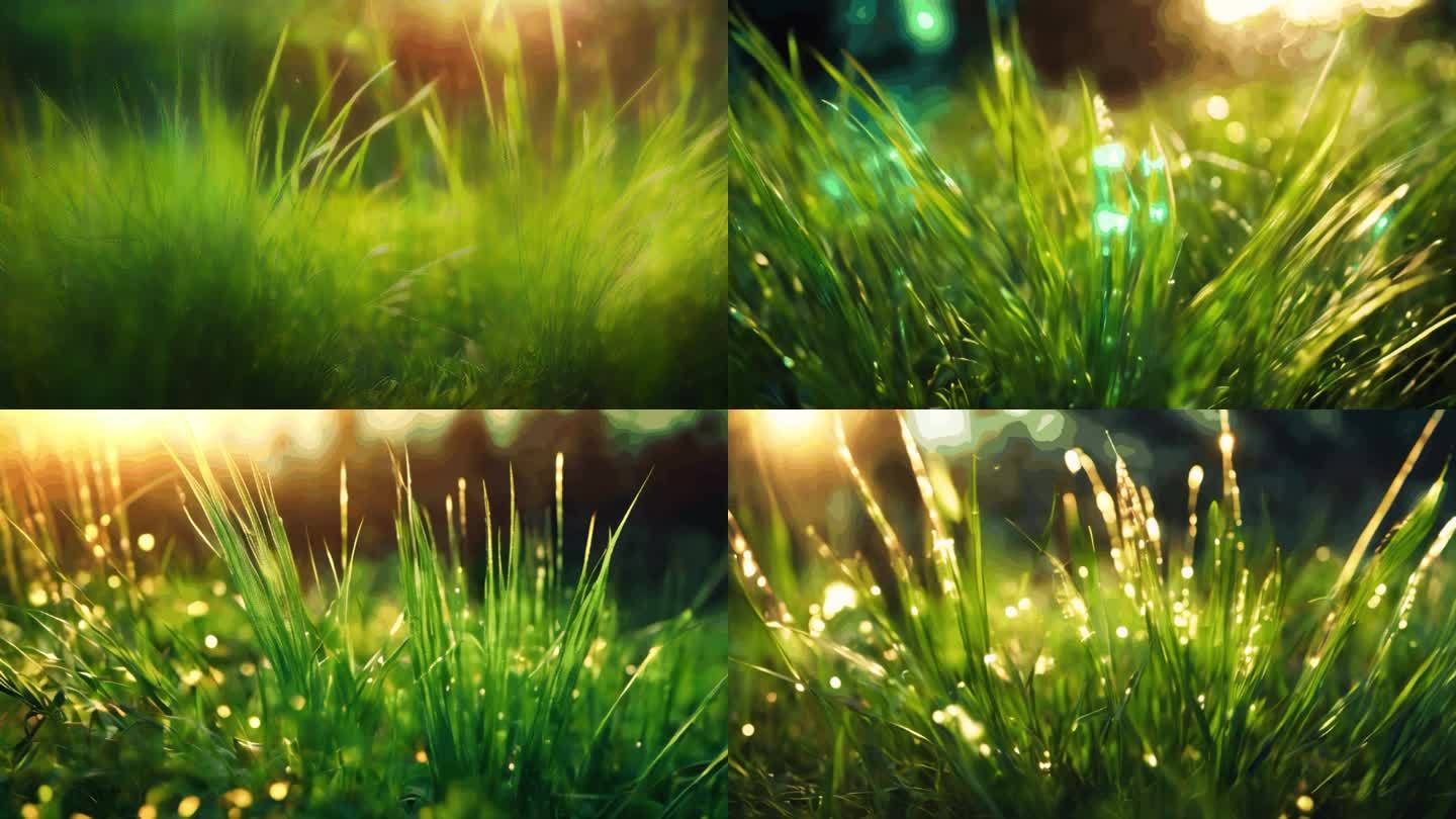 空灵唯美梦幻绿色发光小草幻想植物清新场景