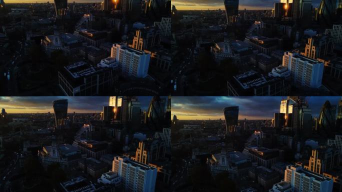 黄昏时伦敦城市建筑的无人机视角