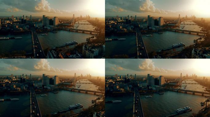 无人机视角下的泰晤士河和伦敦阳光明媚的城市景观