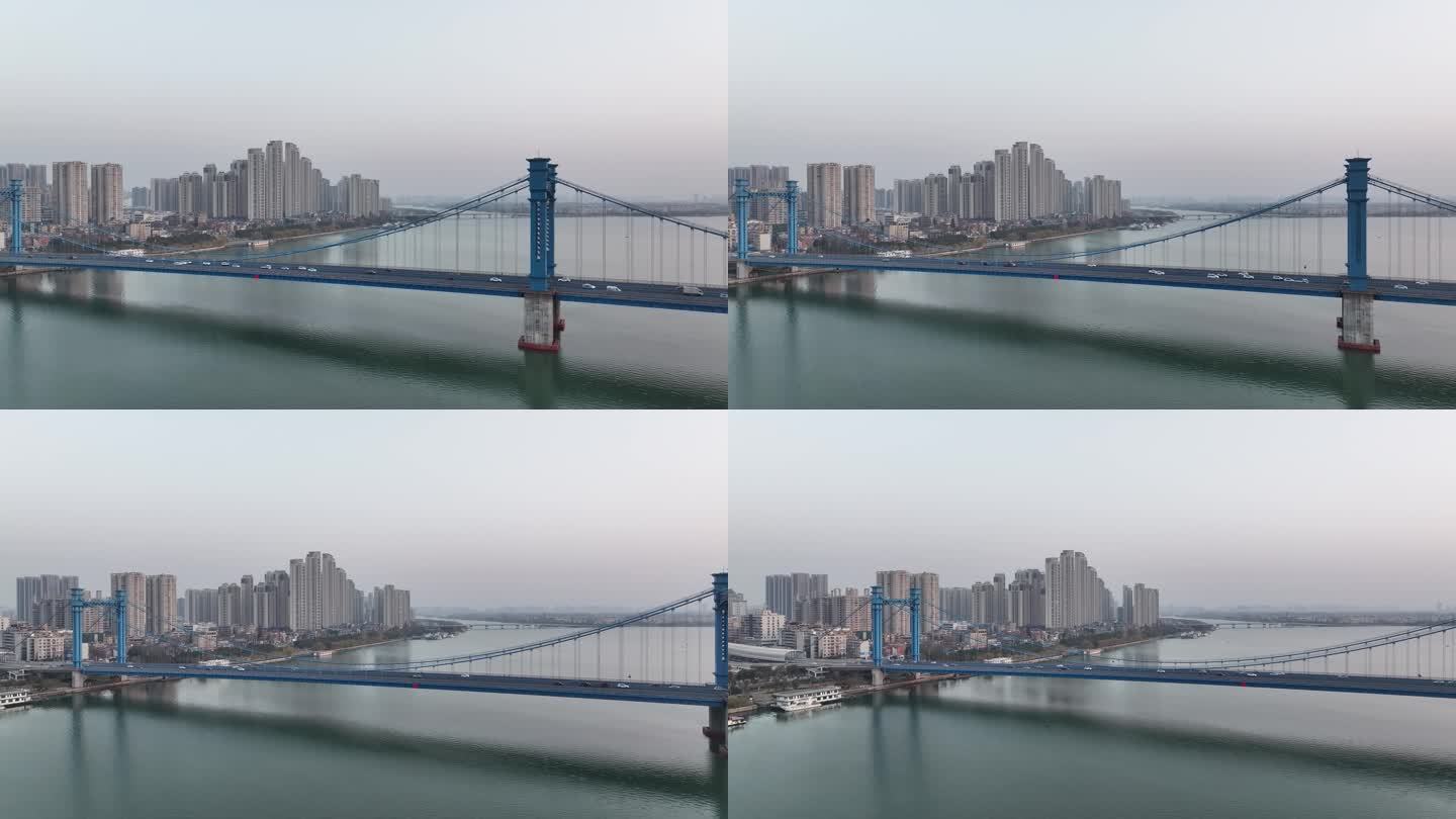 航拍襄阳汉江河流凤雏大桥日出城市风光
