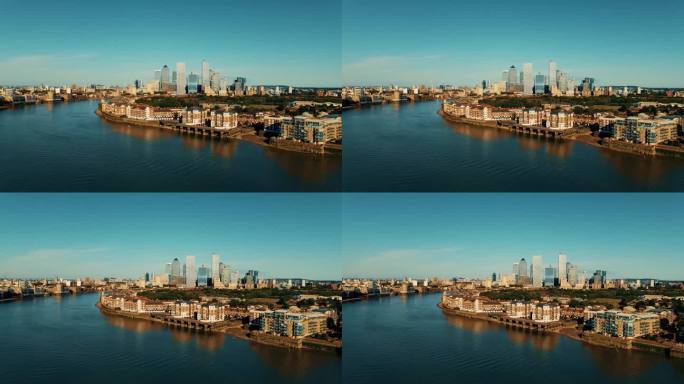 无人机从阳光明媚的伦敦泰晤士河畔拍摄的建筑物