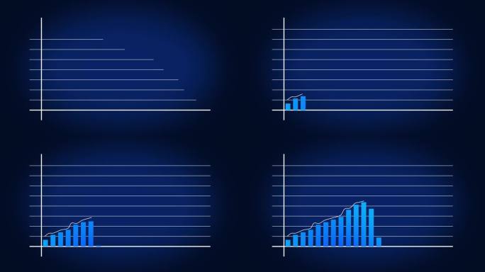 蓝色业务图上升与X和Y轴在黑暗背景。业务增长，股票市场的成功和进步的数字图表动画。4K视频