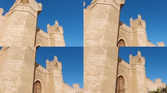 摩洛哥切拉拉巴特，木质锁孔门入口处的令人惊叹的城堡塔楼