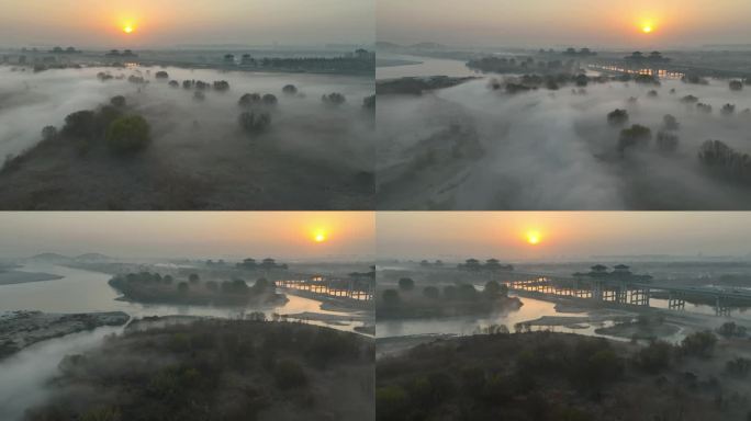 航拍晨雾中的陕西省西安市霸渭桥日出-3