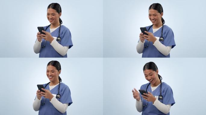 快乐的亚洲女人，医生和电话交流或社交媒体的工作室背景。女性，医疗或保健护士笑着用手机进行研究或联网