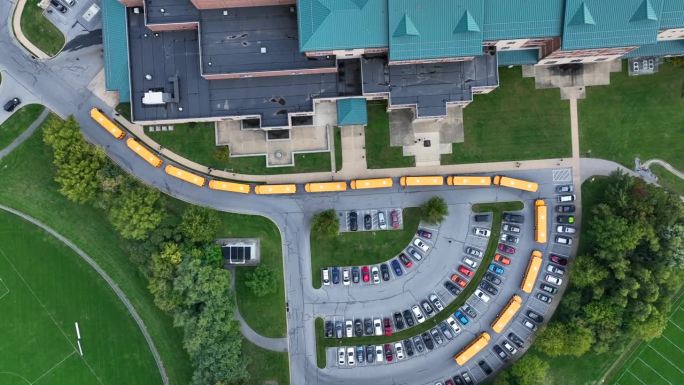 美国一所大型高中，放学后黄色校车排着队等着接学生。高空俯瞰。