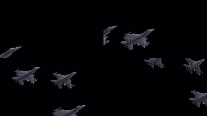 三架军用喷气式战斗机-飞行过渡-侧角视图-阿尔法通道