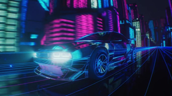 一辆网络霓虹灯汽车在摩天大楼里穿过夜晚的城市