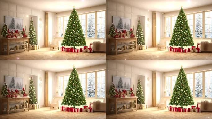 房屋内的圣诞树木和礼物